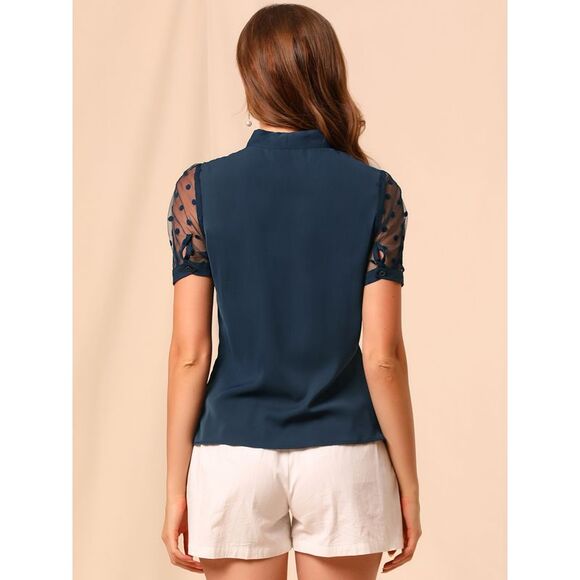 Bow Tie V Neck Stand Collar Short Mesh Sleeve Blouse Navy Blue - Picture 5 of 6